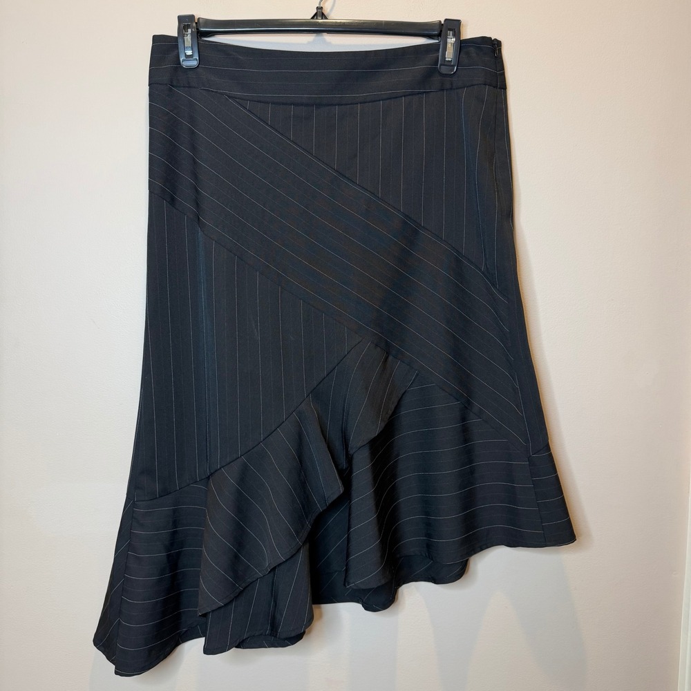 Bisou Bisou Michele Bohbot Black Pinstripe Asymmetrical Ruffle Skirt Size 12 Y2K